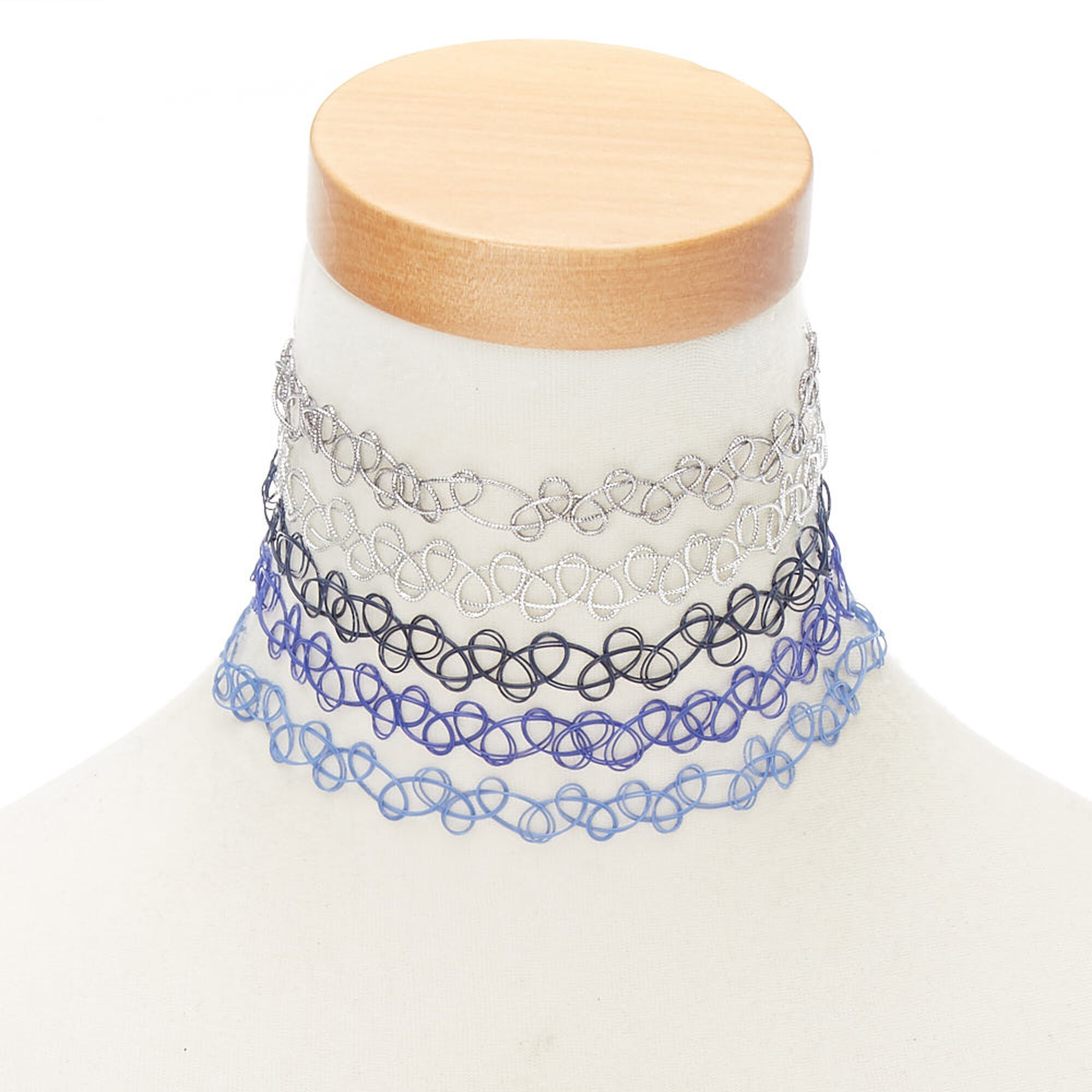 Mixed Metallic Tattoo Choker Necklaces - Blue, 5 Pack